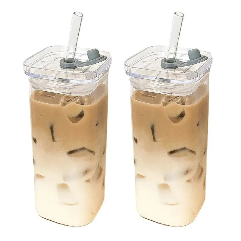 Square Glass Cup with Lid and Straw - Heat Resistant