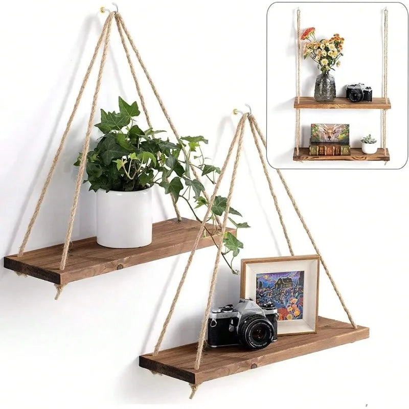 Wooden Hanging Shelf with Hemp Rope - Wall Mounted Plant Holder
