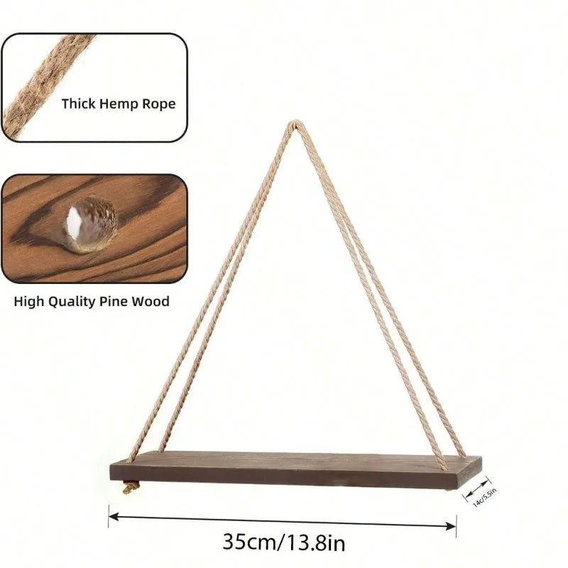 Wooden Hanging Shelf with Hemp Rope - Wall Mounted Plant Holder