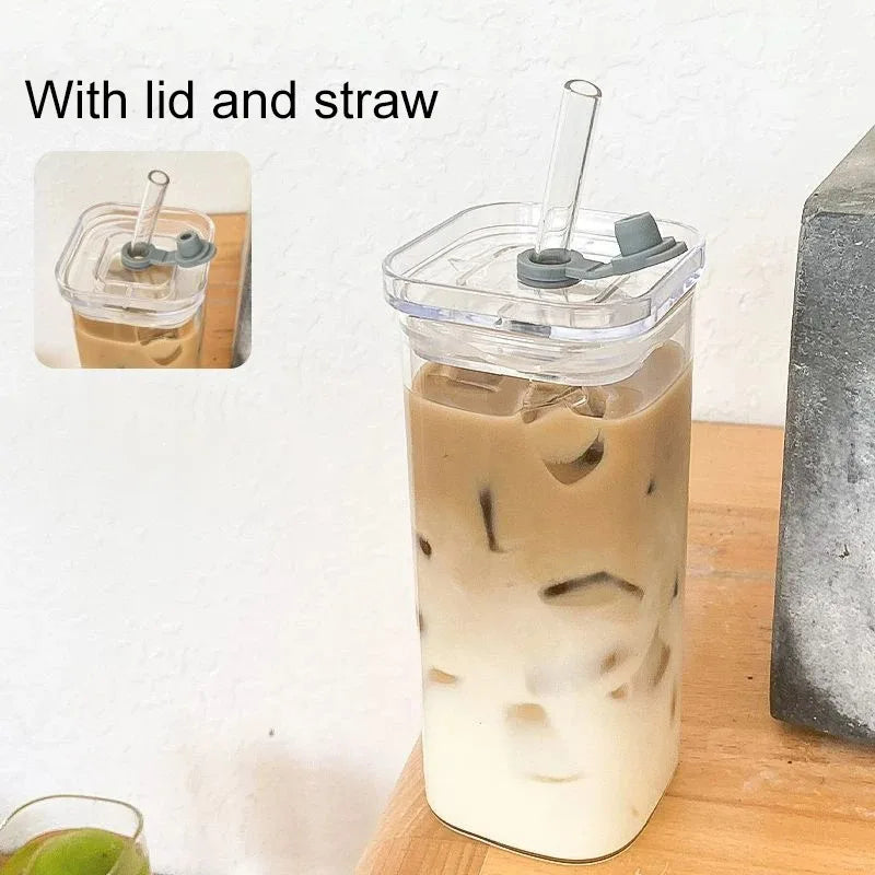 Square Glass Cup with Lid and Straw - Heat Resistant