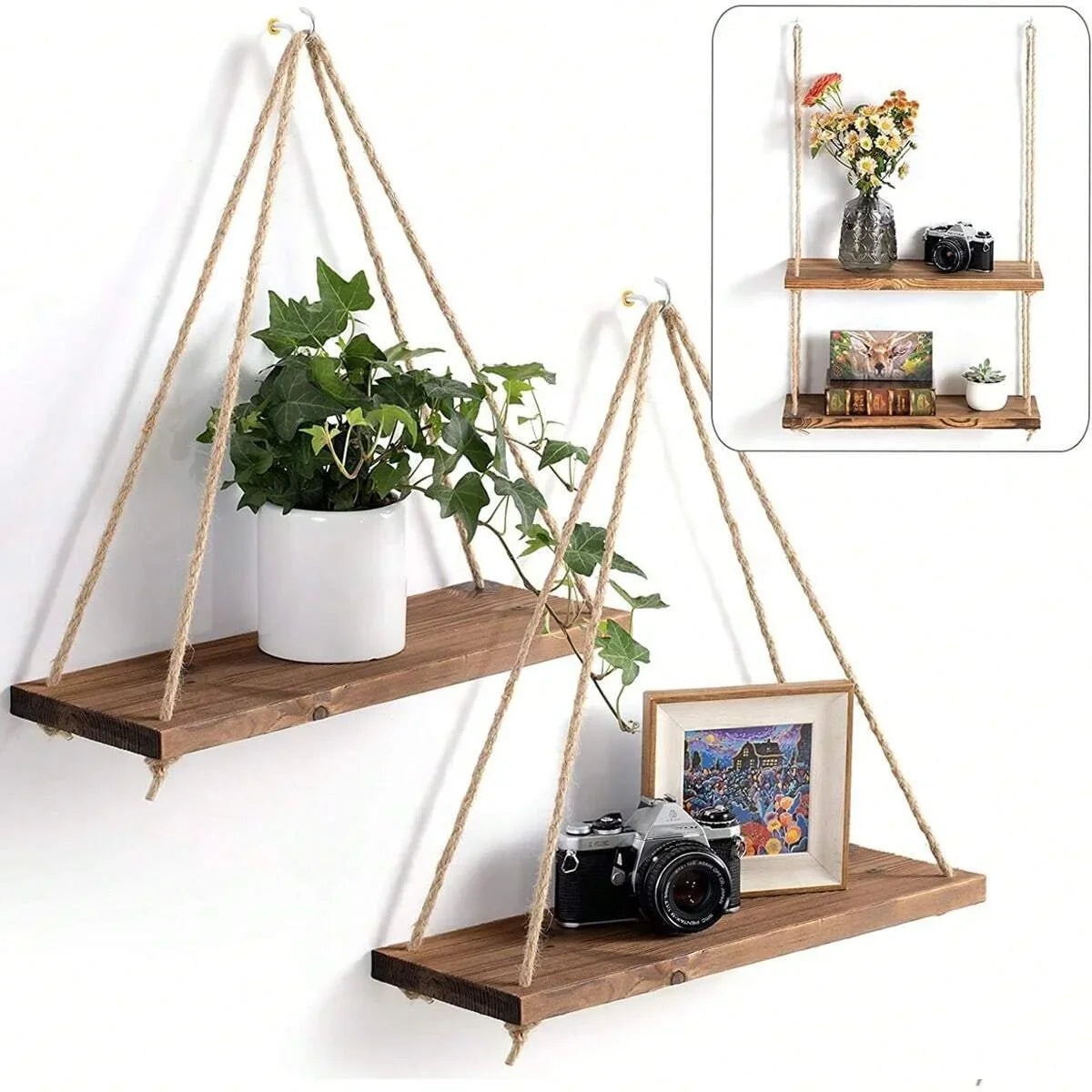 Wooden Hanging Shelf with Hemp Rope - Wall Mounted Plant Holder