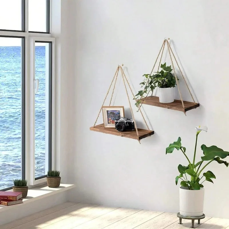 Wooden Hanging Shelf with Hemp Rope - Wall Mounted Plant Holder