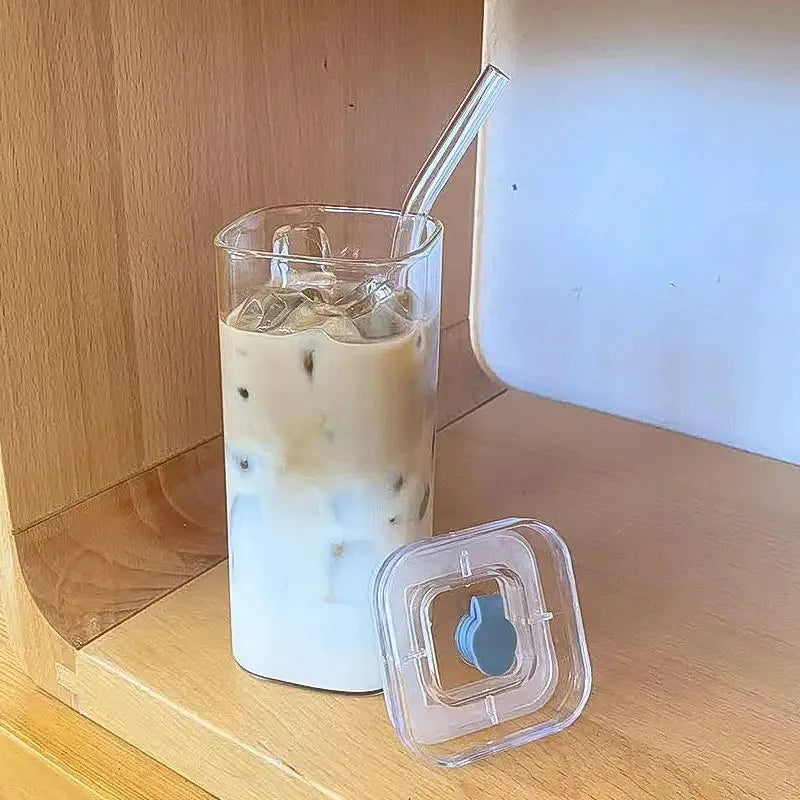 Square Glass Cup with Lid and Straw - Heat Resistant