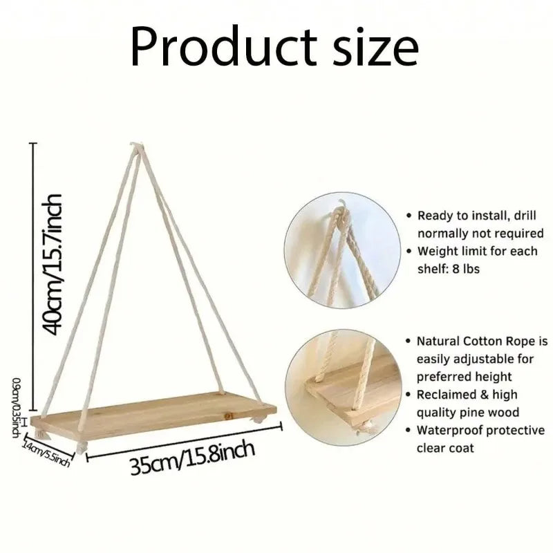 Wooden Hanging Shelf with Hemp Rope - Wall Mounted Plant Holder