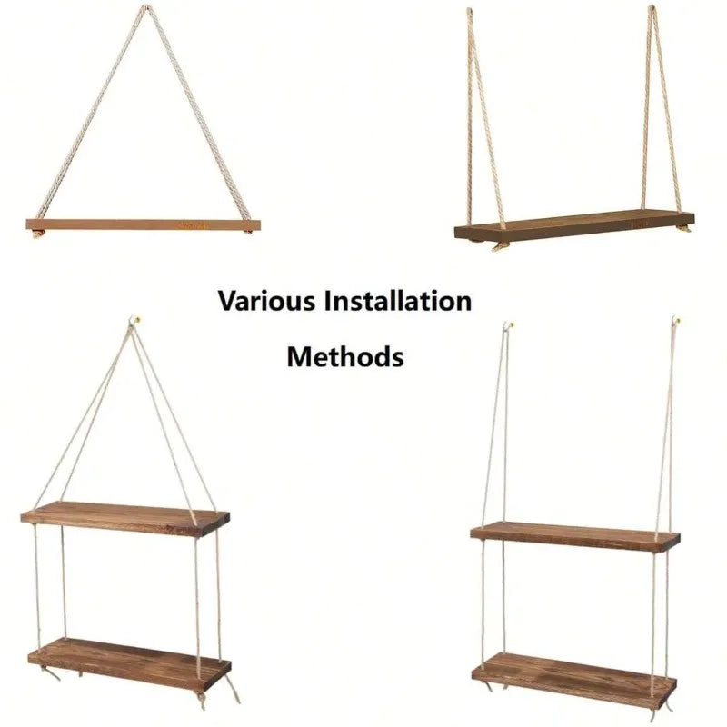 Wooden Hanging Shelf with Hemp Rope - Wall Mounted Plant Holder