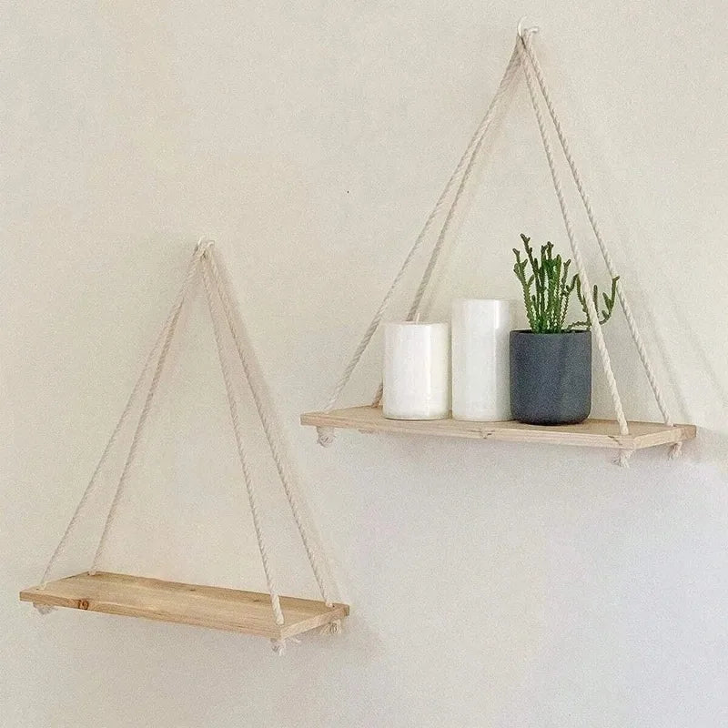 Wooden Hanging Shelf with Hemp Rope - Wall Mounted Plant Holder